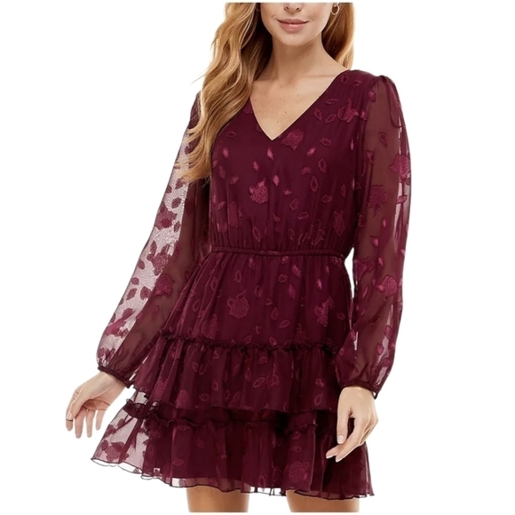City Studio Floral Long Sheer Sleeve Tiered Ruffle Dress Junior XL New With Tags - Picture 1 of 12